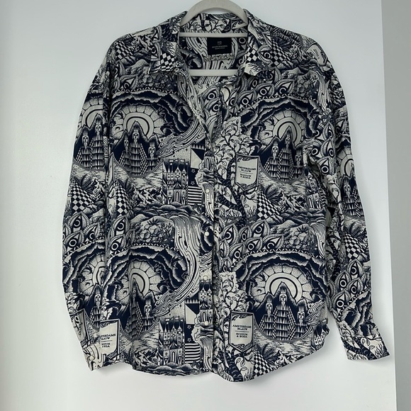 Scotch & Soda Maison Scotch Navy White Graphic Print Button-Up Shirt - Picture 1 of 4
